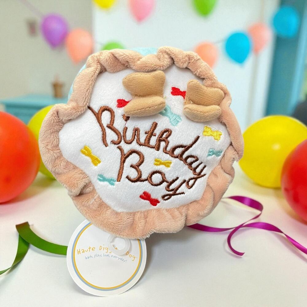 Haute Diggity Dog Birthday Boy Cake Plush Pet PupToy Squeaker Blue Brown 5" New